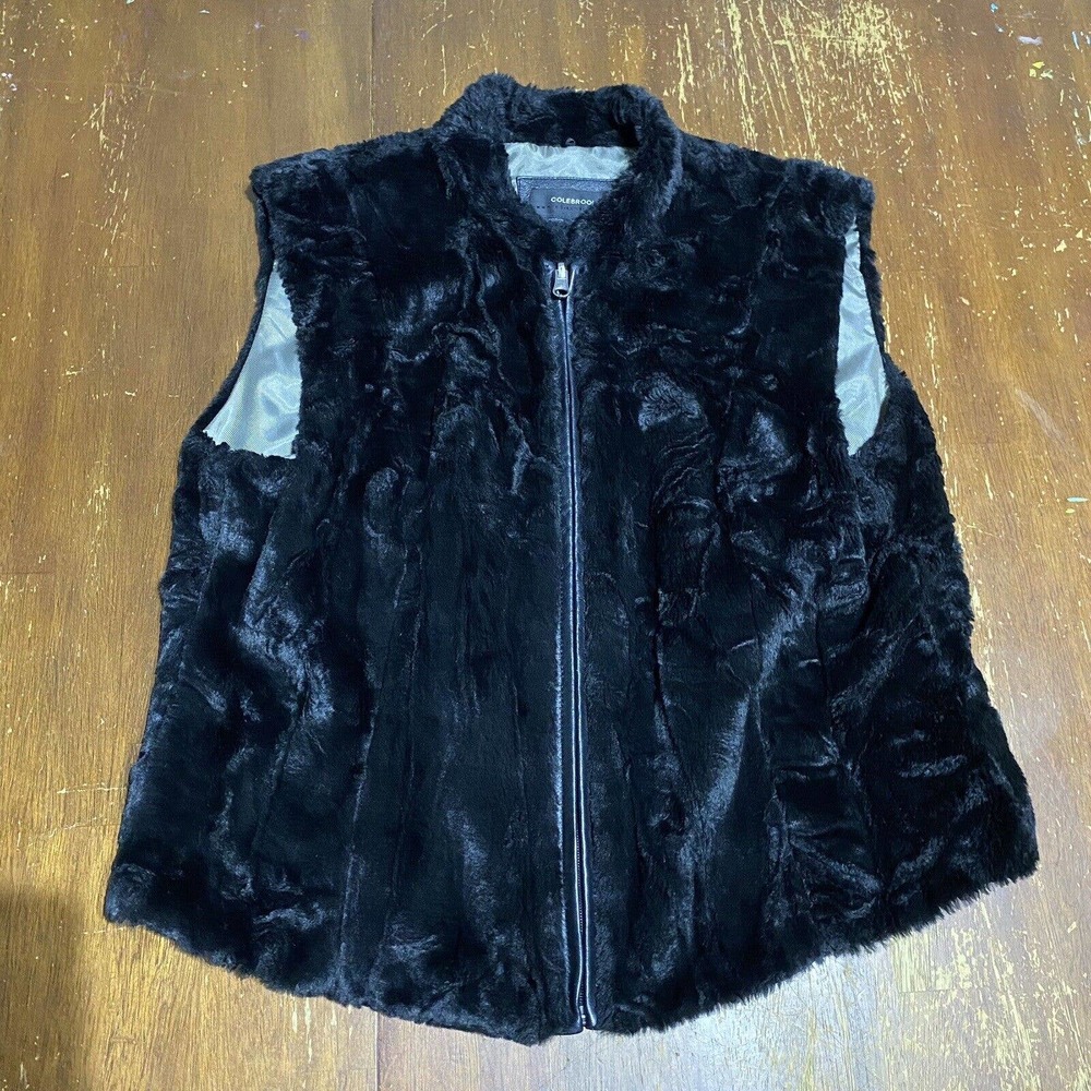 Colebrook Womens Vest Faux Fur 100% Leather Trim Zippered Black Size Large